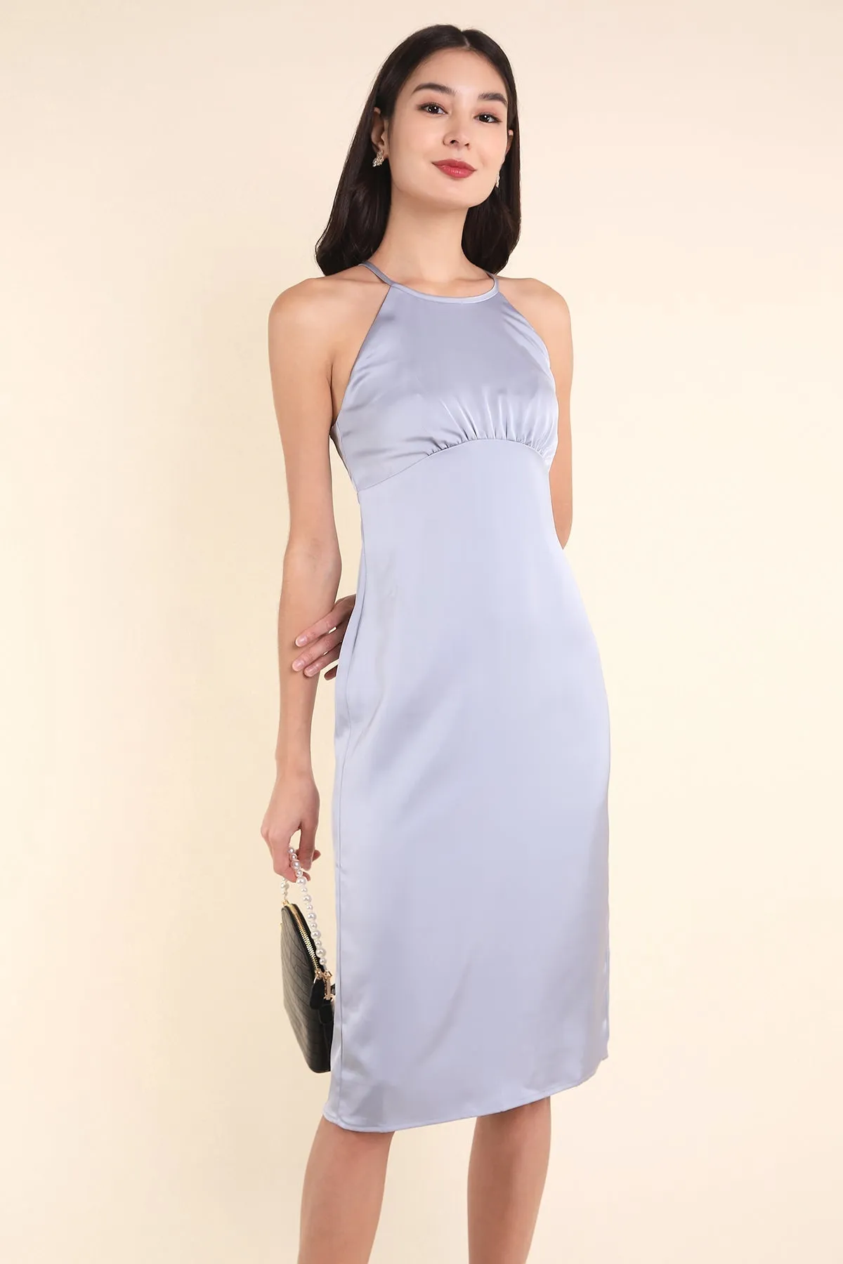 MADEBYNM BRIELLA CROSS BACK SATIN DRESS IN POWDER BLUE