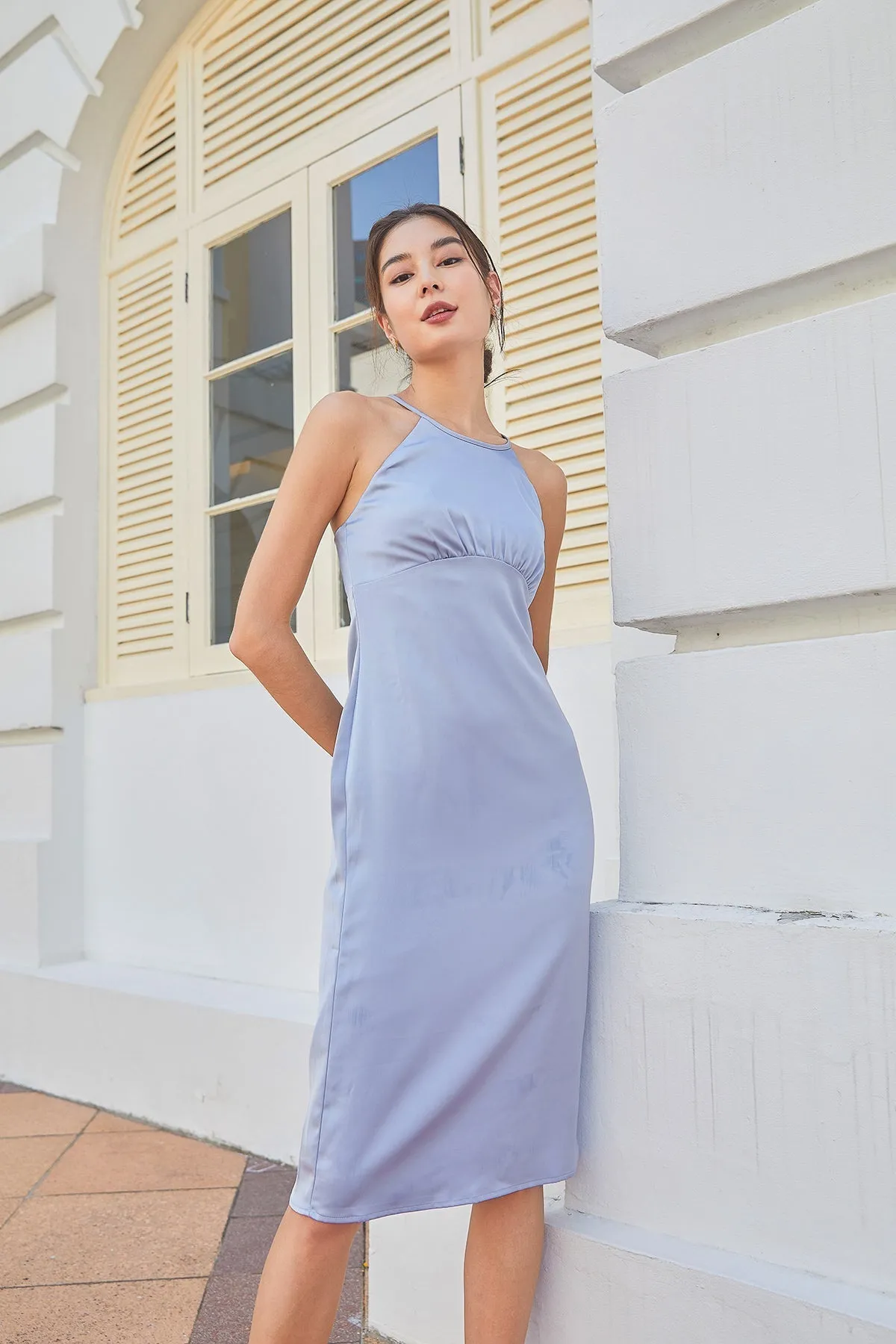 MADEBYNM BRIELLA CROSS BACK SATIN DRESS IN POWDER BLUE