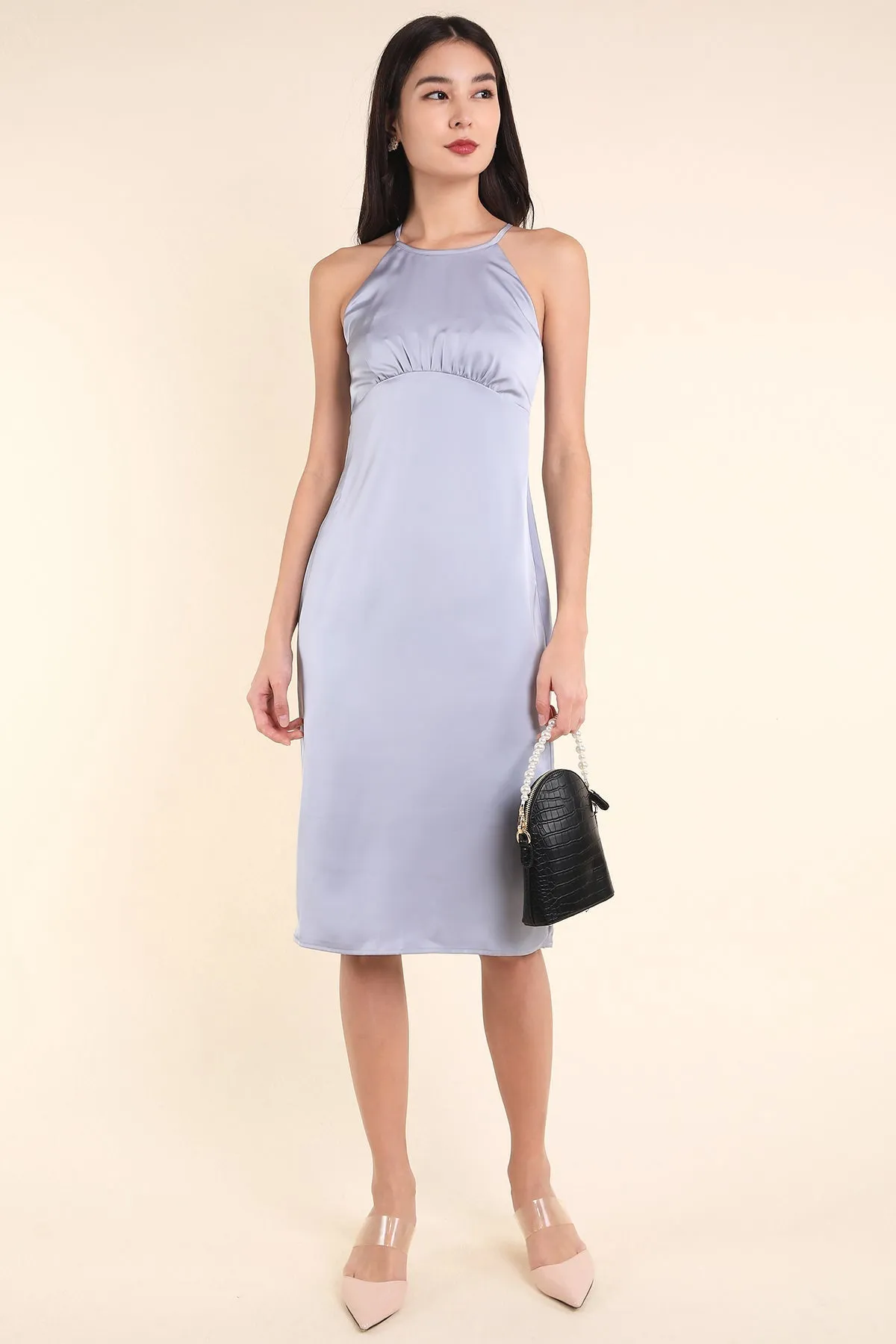 MADEBYNM BRIELLA CROSS BACK SATIN DRESS IN POWDER BLUE