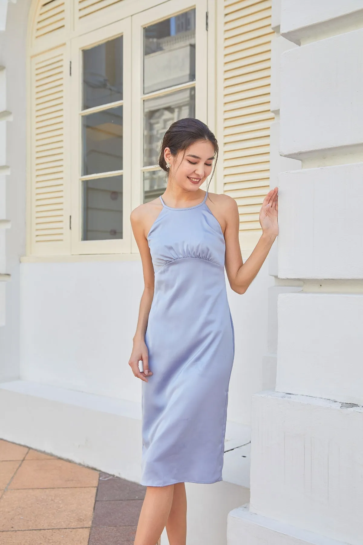 MADEBYNM BRIELLA CROSS BACK SATIN DRESS IN POWDER BLUE