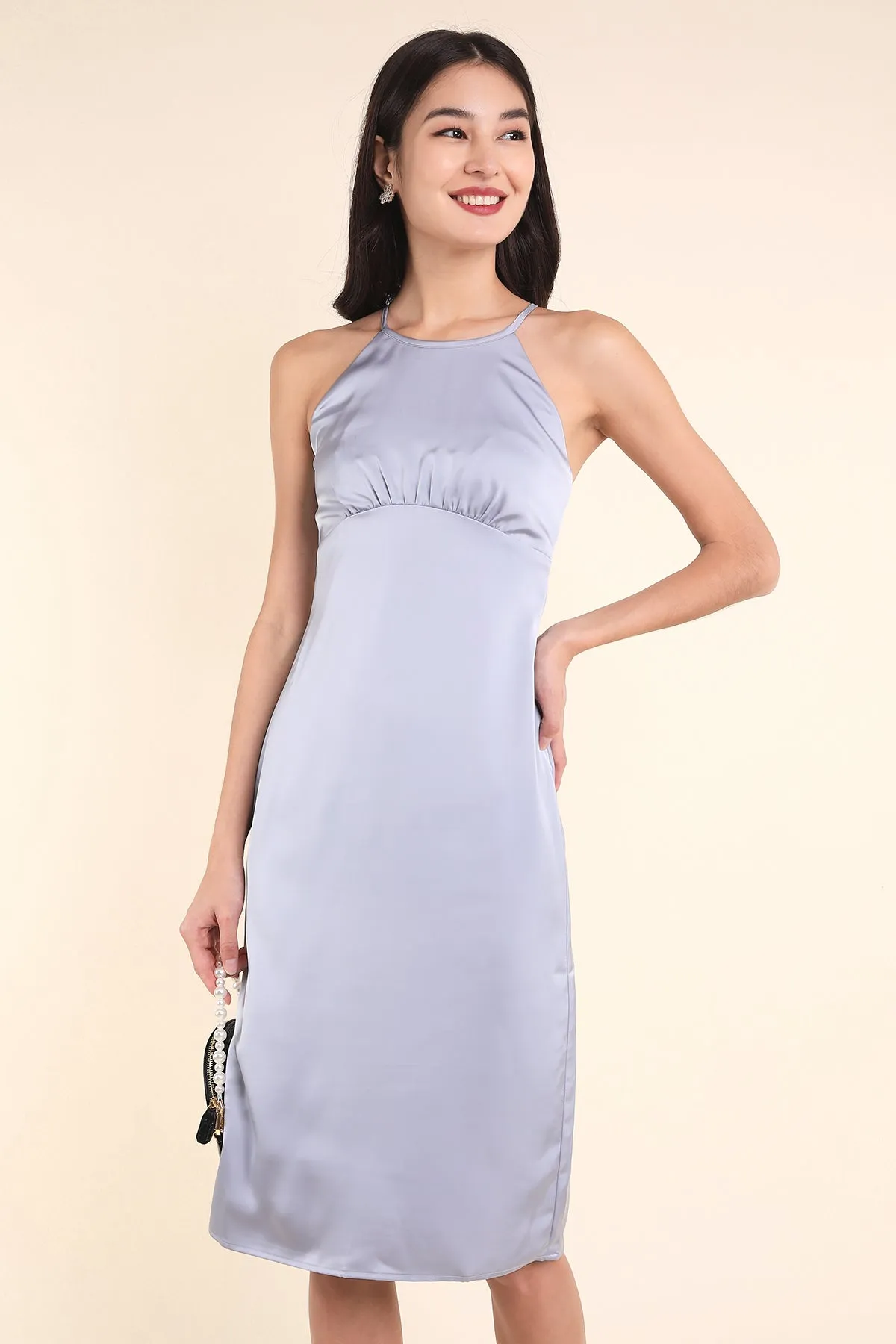 MADEBYNM BRIELLA CROSS BACK SATIN DRESS IN POWDER BLUE