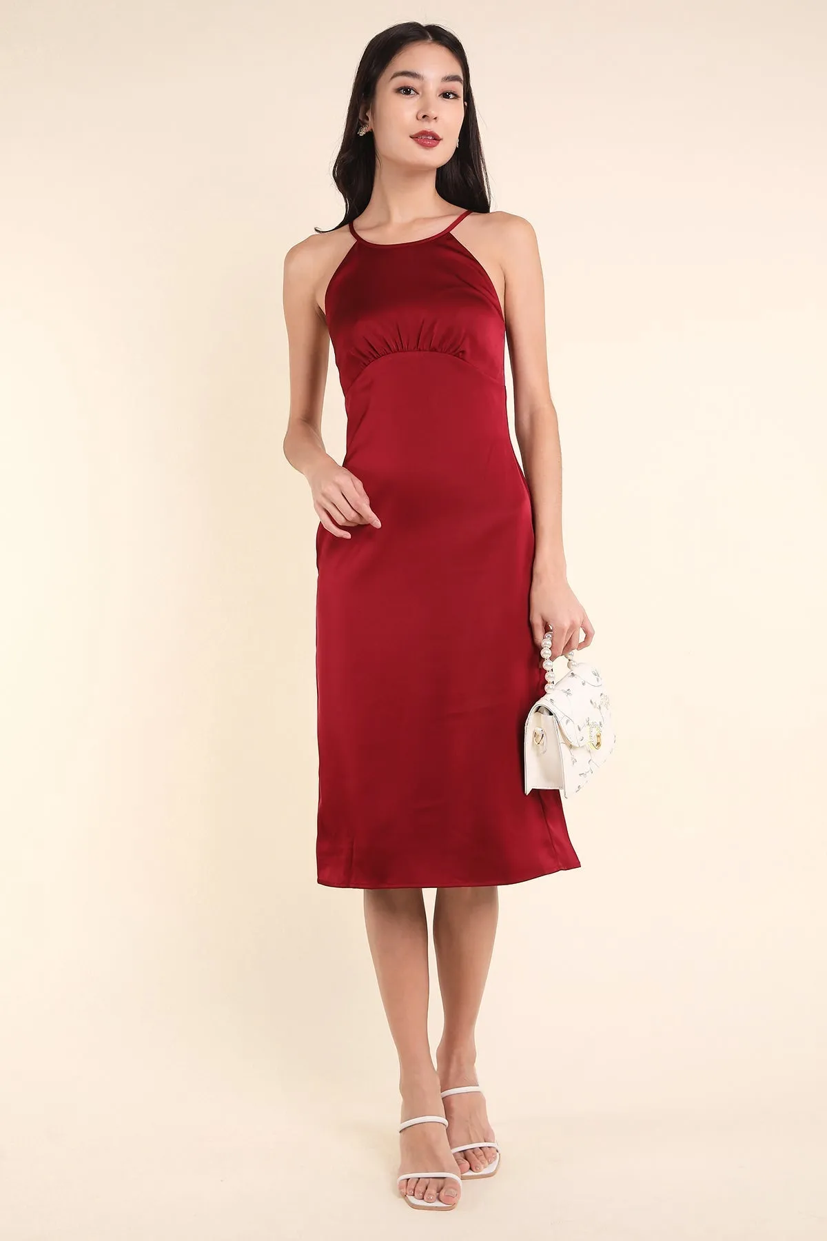 MADEBYNM BRIELLA CROSS BACK SATIN DRESS IN RED