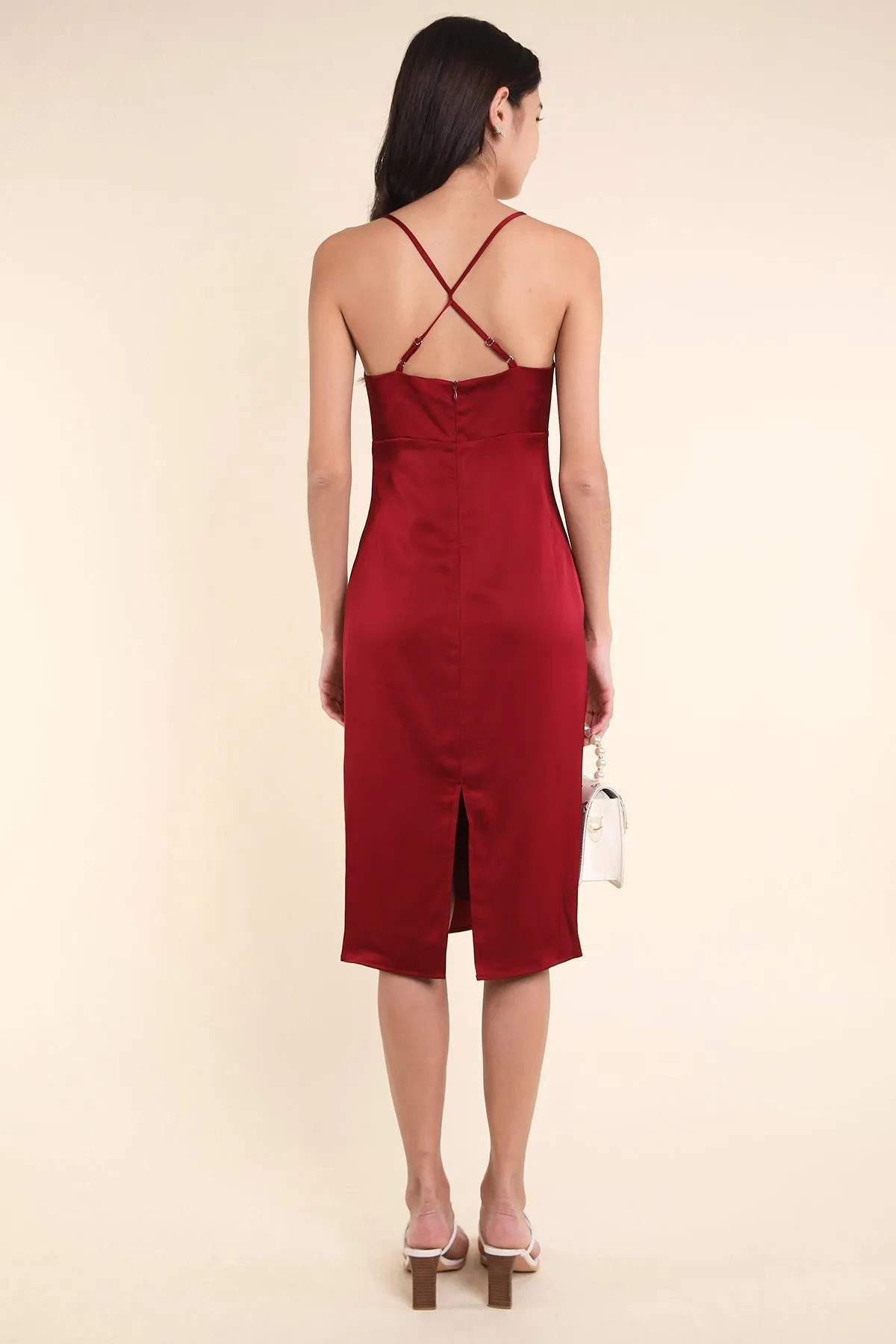 MADEBYNM BRIELLA CROSS BACK SATIN DRESS IN RED