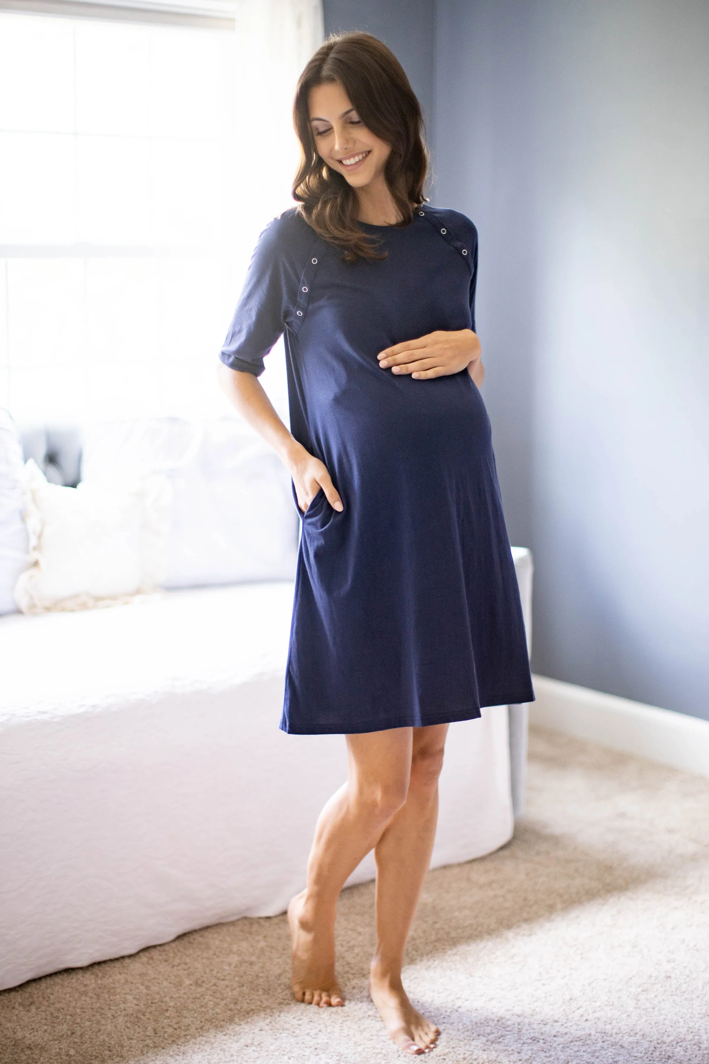 Navy Blue Jersey Knit Maternity Gownie