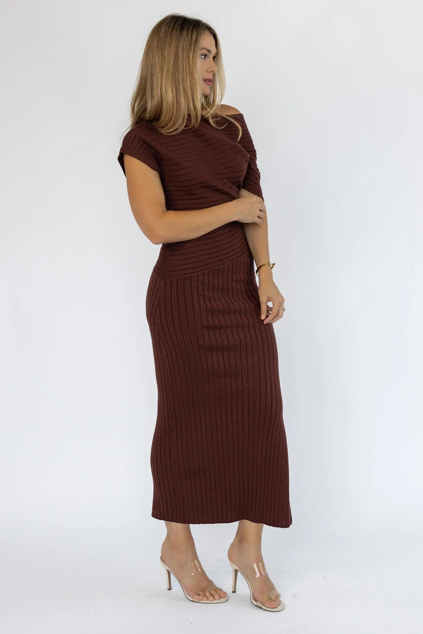 Nori Brown Off Shoulder Midi Dress