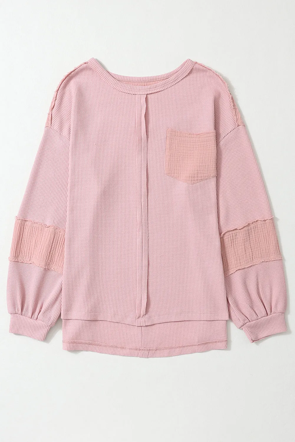 Pink Exposed Seam Patchwork Bubble Sleeve Waffle Knit Top