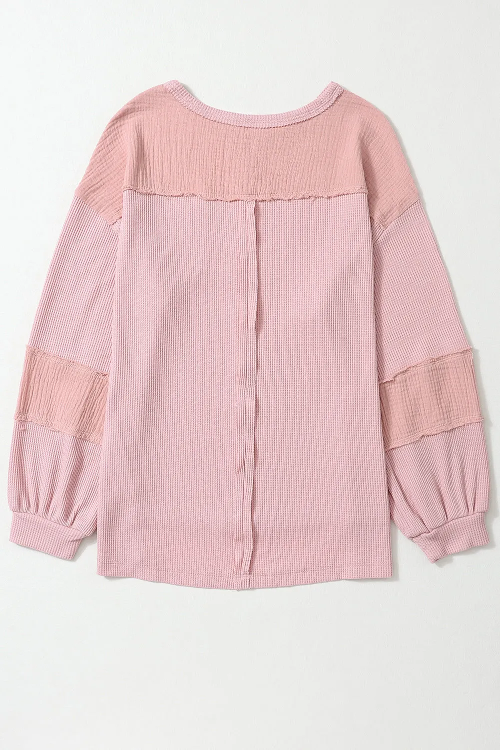 Pink Exposed Seam Patchwork Bubble Sleeve Waffle Knit Top