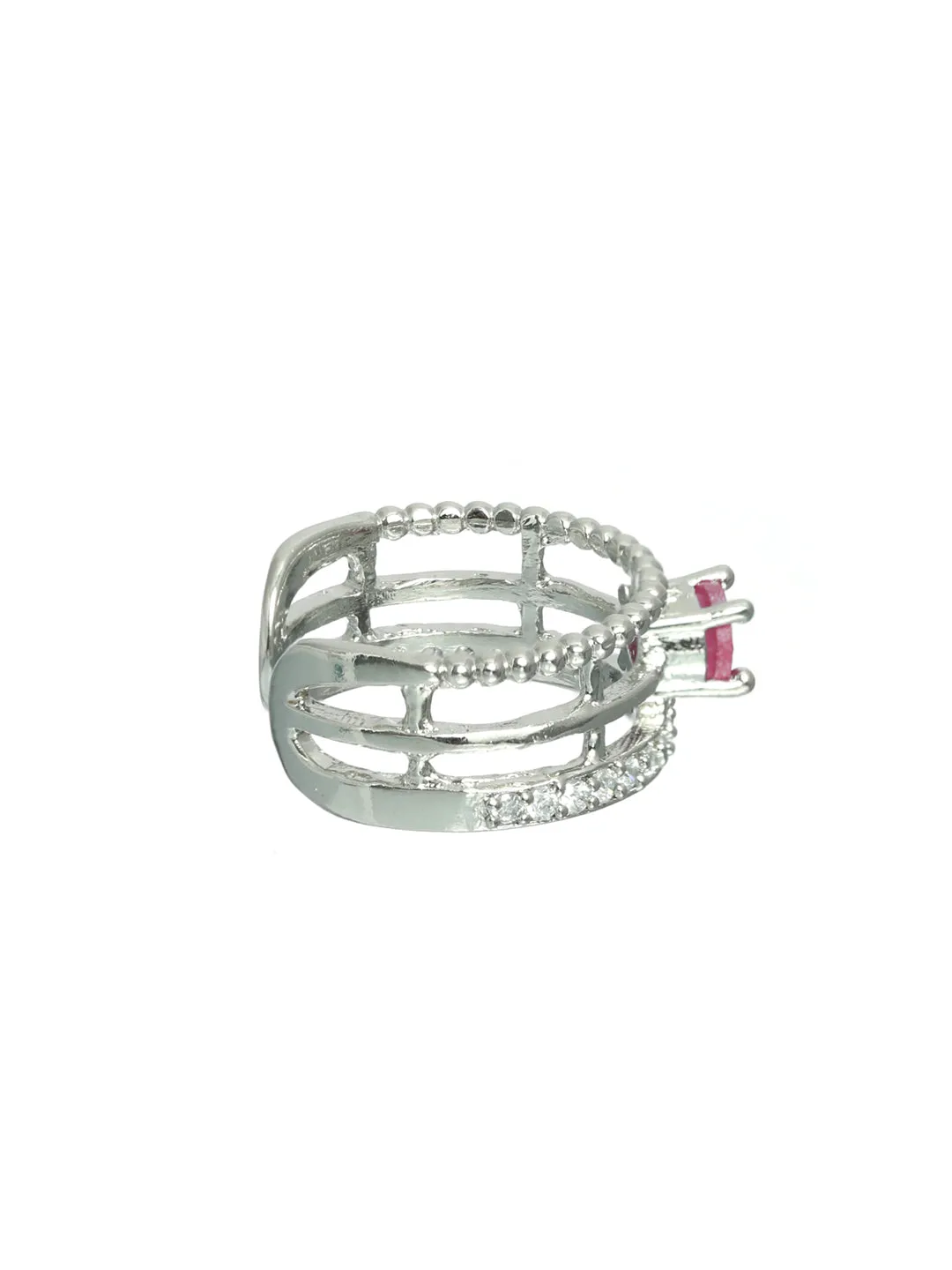 Pink Silver-Plated Ad-Studded Handcrafted Adjustable Finger Ring