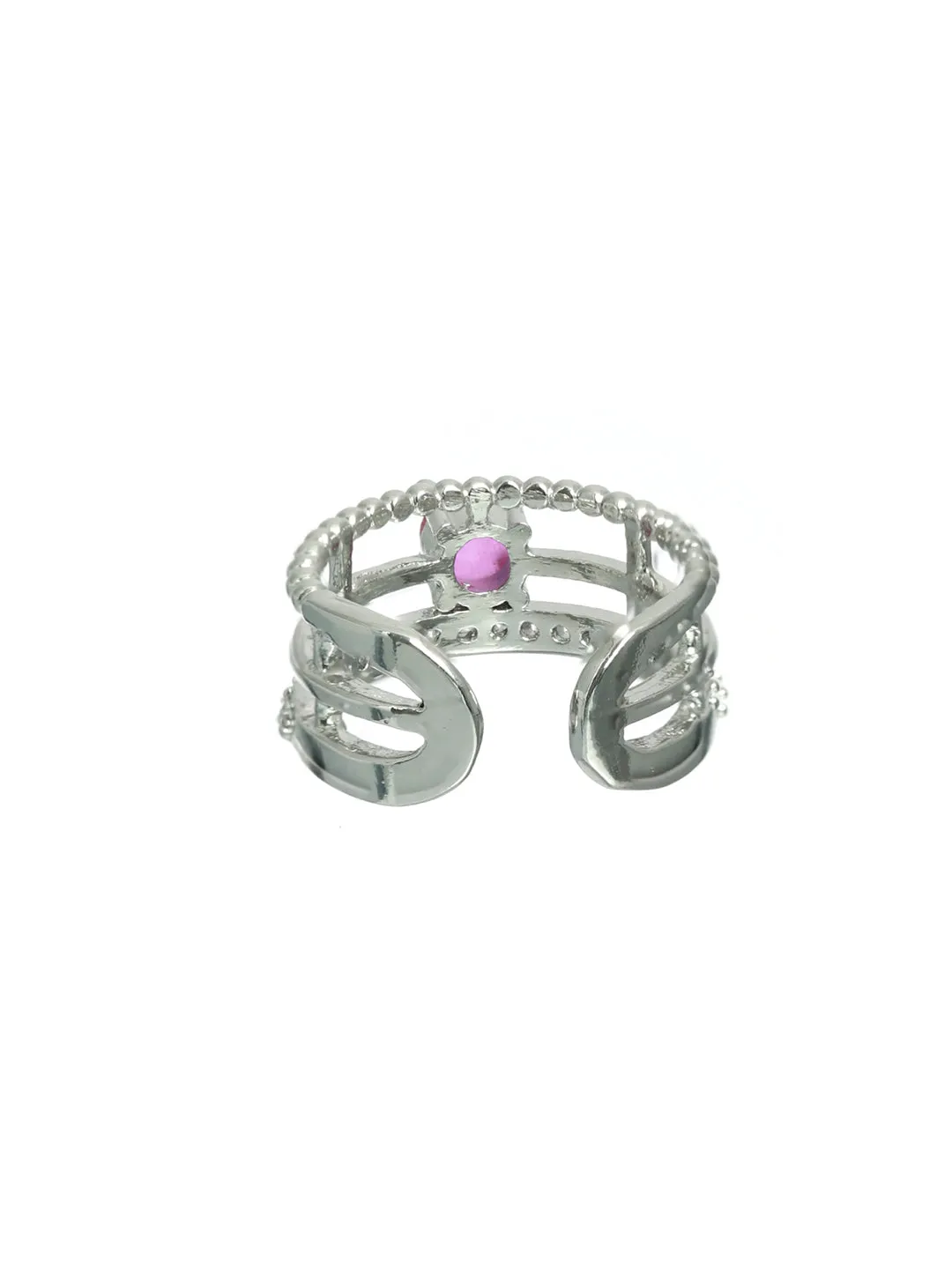 Pink Silver-Plated Ad-Studded Handcrafted Adjustable Finger Ring