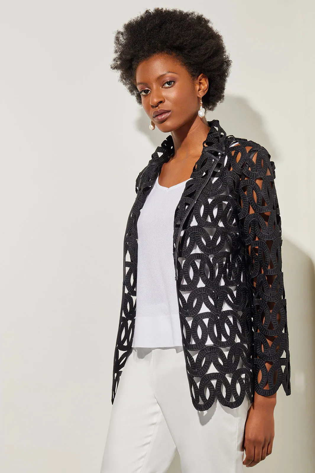 Plus Size Notch Lapel Jacket - Cage Cutout Novelty Woven