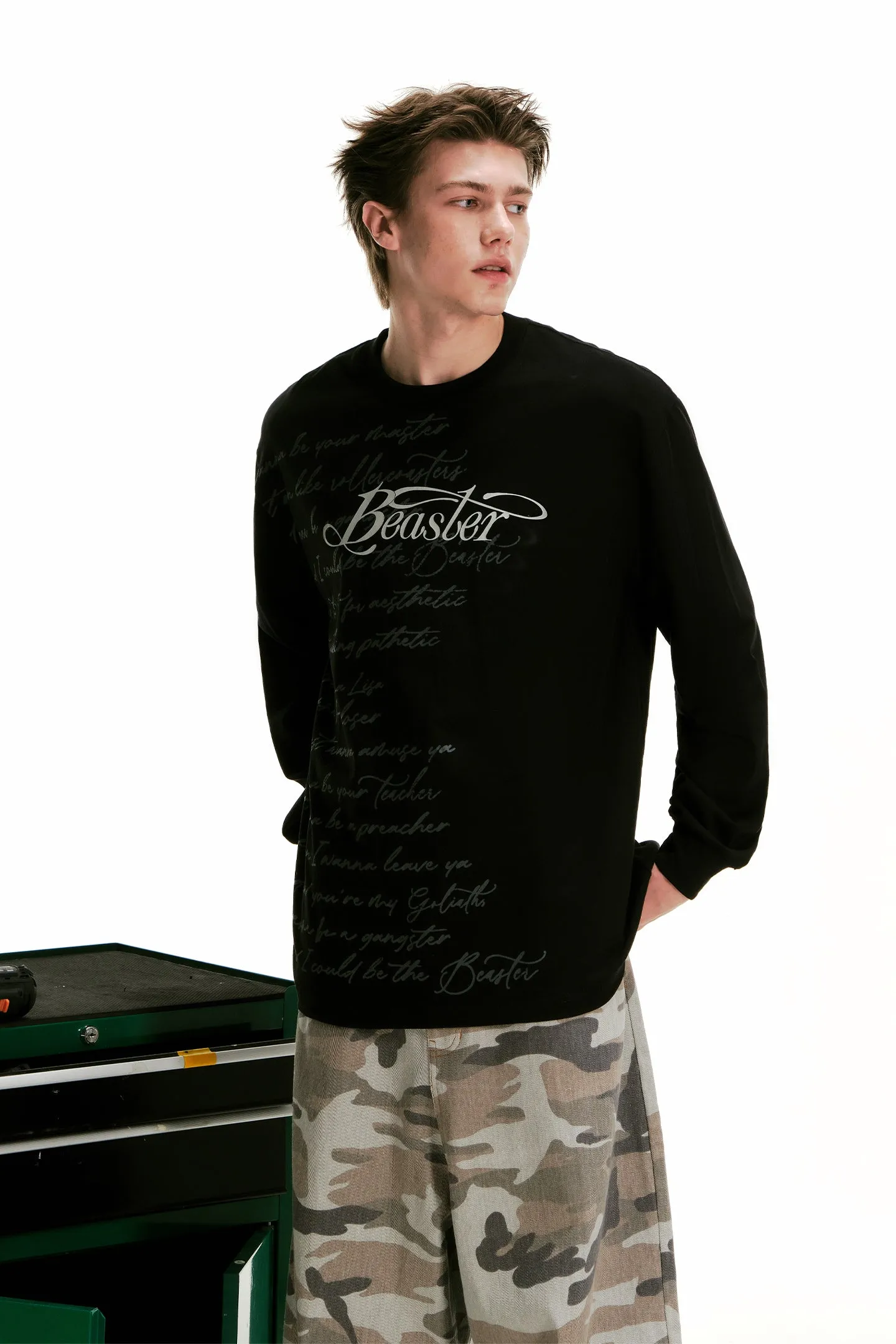 Print Long-sleeved T-shirt-Black