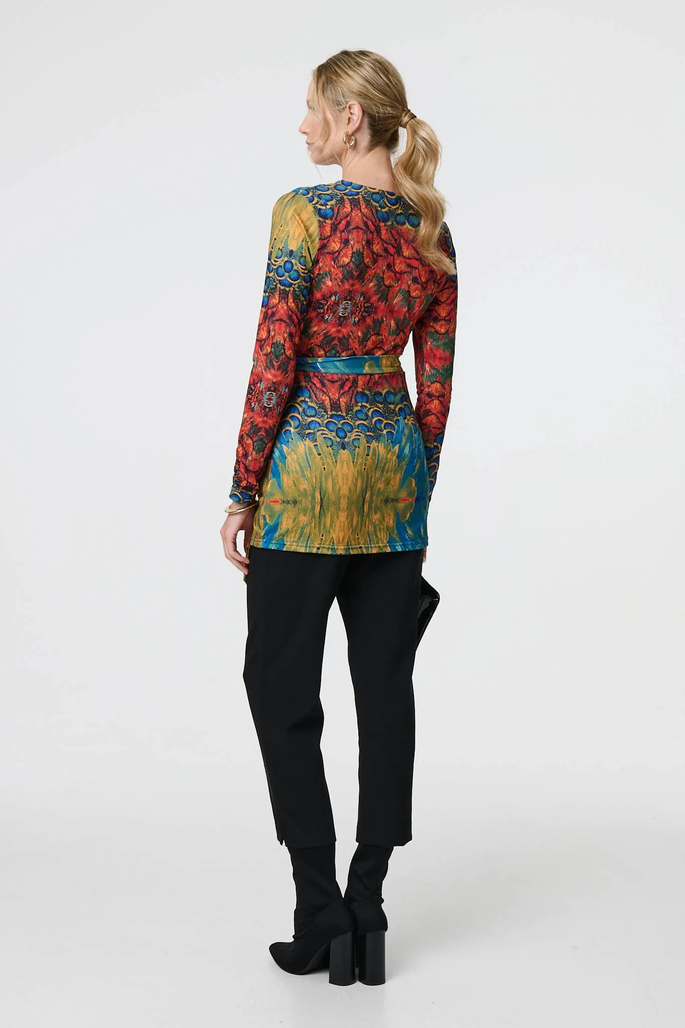 Printed Tie Waist Long Sleeve Wrap Tunic Top