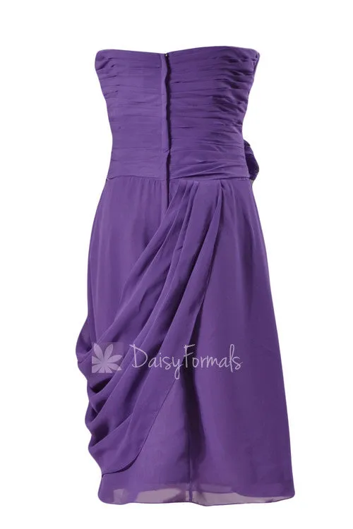 Short Amethyst Sweatheart Bridesmaid Chiffon Vivid Purple Prom Dress w/ Draped Overlay(BM437)