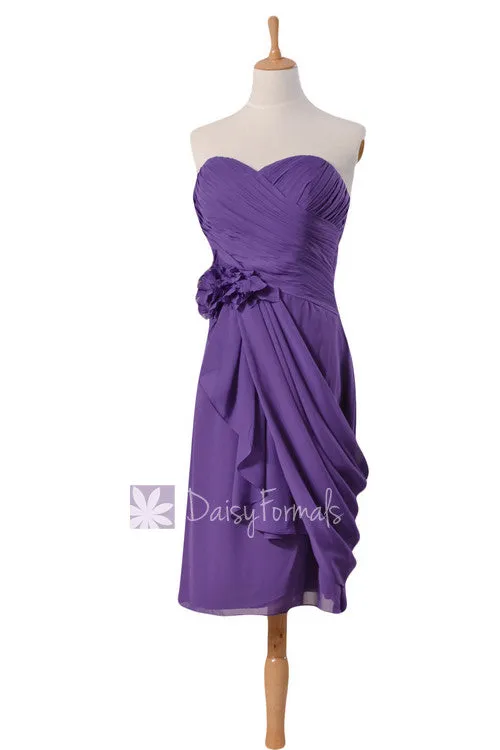 Short Amethyst Sweatheart Bridesmaid Chiffon Vivid Purple Prom Dress w/ Draped Overlay(BM437)