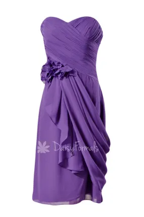 Short Amethyst Sweatheart Bridesmaid Chiffon Vivid Purple Prom Dress w/ Draped Overlay(BM437)