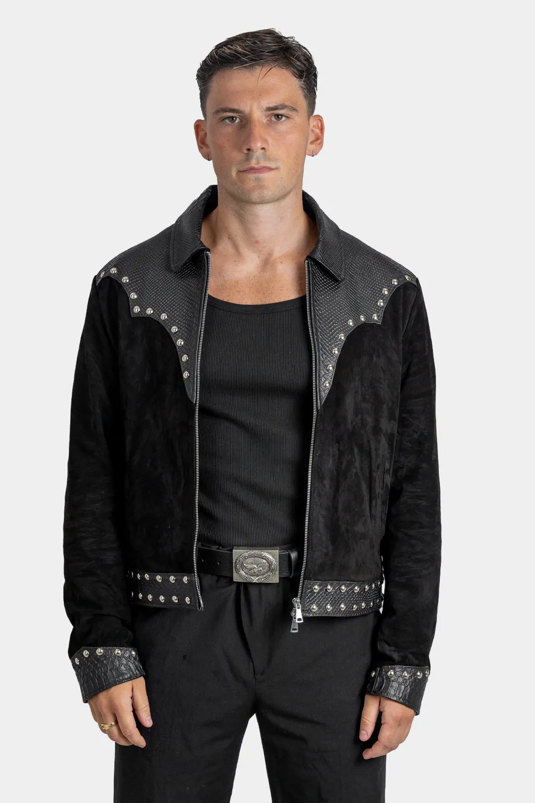 Snake Effect Suede Studded Leather Jacket